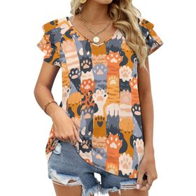 AILLOSA YH-546 Tamamı Baskılı Fırfırlı Kısa Kollu V Yakalı Kadın T-shirt