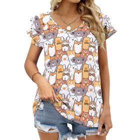 AILLOSA YH-547 Tamamı Baskılı Fırfırlı Kısa Kollu V Yakalı Kadın T-shirt