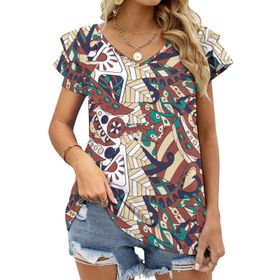AILLOSA YH-549 Tamamı Baskılı Fırfırlı Kısa Kollu V Yakalı Kadın T-shirt