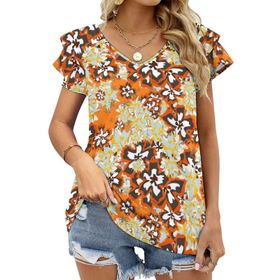 AILLOSA YH-550 Tamamı Baskılı Fırfırlı Kısa Kollu V Yakalı Kadın T-shirt