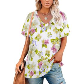 AILLOSA YH-551 Tamamı Baskılı V Yaka Kısa Kollu Kadın T-Shirt