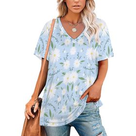 AILLOSA YH-553 Tamamı Baskılı V Yaka Kısa Kollu Kadın T-Shirt