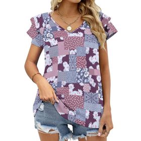 AILLOSA YH-556 Tamamı Baskılı Fırfırlı Kısa Kollu V Yakalı Kadın T-shirt