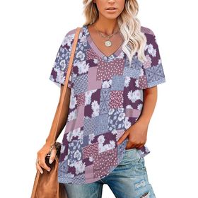 AILLOSA YH-556 Tamamı Baskılı V Yaka Kısa Kollu Kadın T-Shirt