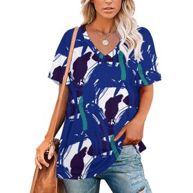 AILLOSA YH-557 Tamamı Baskılı V Yaka Kısa Kollu Kadın T-Shirt