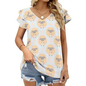 AILLOSA YH-559 Tamamı Baskılı Fırfırlı Kısa Kollu V Yakalı Kadın T-shirt