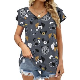 AILLOSA YH-560 Tamamı Baskılı Fırfırlı Kısa Kollu V Yakalı Kadın T-shirt