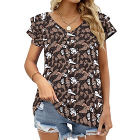 AILLOSA YH-561 Tamamı Baskılı Fırfırlı Kısa Kollu V Yakalı Kadın T-shirt