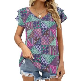 AILLOSA YH-562 Tamamı Baskılı Fırfırlı Kısa Kollu V Yakalı Kadın T-shirt