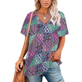 AILLOSA YH-562 Tamamı Baskılı V Yaka Kısa Kollu Kadın T-Shirt