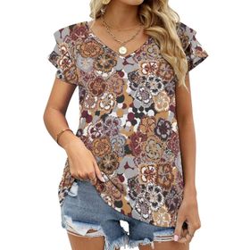 AILLOSA YH-566 Tamamı Baskılı Fırfırlı Kısa Kollu V Yakalı Kadın T-shirt