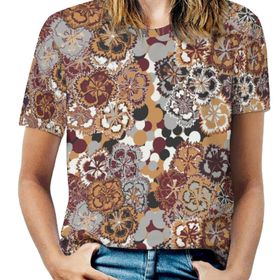 AILLOSA YH-566 Tamamı Baskılı Kısa Kollu Yuvarlak Yaka Kadın T-shirt