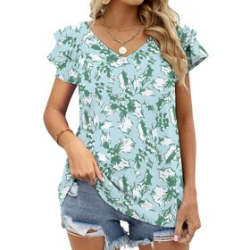 AILLOSA YH-567 Tamamı Baskılı Fırfırlı Kısa Kollu V Yakalı Kadın T-shirt