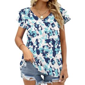 AILLOSA YH-569 Tamamı Baskılı Fırfırlı Kısa Kollu V Yakalı Kadın T-shirt