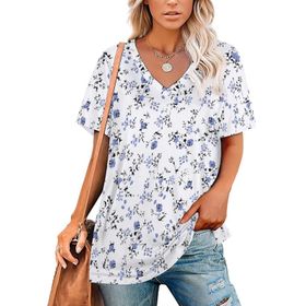 AILLOSA YH-57 Tamamı Baskılı V Yaka Kısa Kollu Kadın T-Shirt