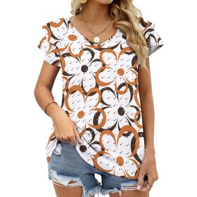 AILLOSA YH-572 Tamamı Baskılı Fırfırlı Kısa Kollu V Yakalı Kadın T-shirt
