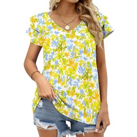 AILLOSA YH-574 Tamamı Baskılı Fırfırlı Kısa Kollu V Yakalı Kadın T-shirt