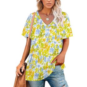 AILLOSA YH-574 Tamamı Baskılı V Yaka Kısa Kollu Kadın T-Shirt