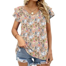 AILLOSA YH-575 Tamamı Baskılı Fırfırlı Kısa Kollu V Yakalı Kadın T-shirt