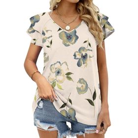AILLOSA YH-58 Tamamı Baskılı Fırfırlı Kısa Kollu V Yakalı Kadın T-shirt
