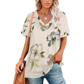 AILLOSA YH-58 Tamamı Baskılı V Yaka Kısa Kollu Kadın T-Shirt