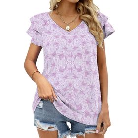 AILLOSA YH-580 Tamamı Baskılı Fırfırlı Kısa Kollu V Yakalı Kadın T-shirt