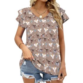 AILLOSA YH-581 Tamamı Baskılı Fırfırlı Kısa Kollu V Yakalı Kadın T-shirt
