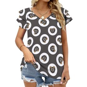 AILLOSA YH-582 Tamamı Baskılı Fırfırlı Kısa Kollu V Yakalı Kadın T-shirt