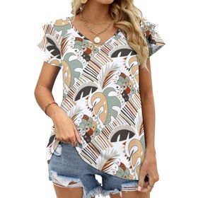AILLOSA YH-587 Tamamı Baskılı Fırfırlı Kısa Kollu V Yakalı Kadın T-shirt