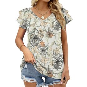 AILLOSA YH-589 Tamamı Baskılı Fırfırlı Kısa Kollu V Yakalı Kadın T-shirt