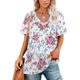 AILLOSA YH-59 Tamamı Baskılı Kısa Kollu V Yaka Kadın T-shirt