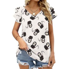 AILLOSA YH-590 Tamamı Baskılı Fırfırlı Kısa Kollu V Yakalı Kadın T-shirt