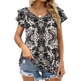 AILLOSA YH-591 Tamamı Baskılı Fırfırlı Kısa Kollu V Yakalı Kadın T-shirt