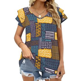 AILLOSA YH-592 Tamamı Baskılı Fırfırlı Kısa Kollu V Yakalı Kadın T-shirt