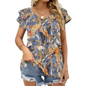 AILLOSA YH-594 Tamamı Baskılı Fırfırlı Kısa Kollu V Yakalı Kadın T-shirt