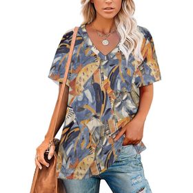 AILLOSA YH-594 Tamamı Baskılı Kısa Kollu V Yaka Kadın T-shirt