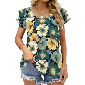 AILLOSA YH-595 Tamamı Baskılı Fırfırlı Kısa Kollu V Yakalı Kadın T-shirt