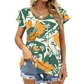 AILLOSA YH-597 Tamamı Baskılı Fırfırlı Kısa Kollu V Yakalı Kadın T-shirt