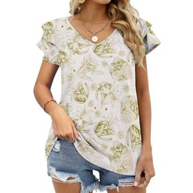 AILLOSA YH-598 Tamamı Baskılı Fırfırlı Kısa Kollu V Yakalı Kadın T-shirt