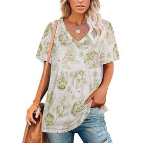 AILLOSA YH-598 Tamamı Baskılı Kısa Kollu V Yaka Kadın T-shirt