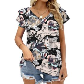 AILLOSA YH-599 Tamamı Baskılı Fırfırlı Kısa Kollu V Yakalı Kadın T-shirt