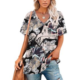 AILLOSA YH-599 Tamamı Baskılı Kısa Kollu V Yaka Kadın T-shirt