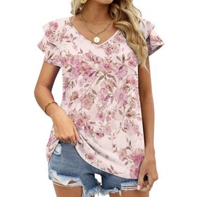 AILLOSA YH-60 Tamamı Baskılı Fırfırlı Kısa Kollu V Yakalı Kadın T-shirt
