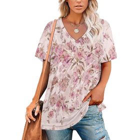 AILLOSA YH-60 Tamamı Baskılı Kısa Kollu V Yaka Kadın T-shirt
