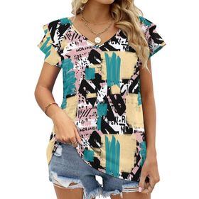 AILLOSA YH-601 Tamamı Baskılı Fırfırlı Kısa Kollu V Yakalı Kadın T-shirt