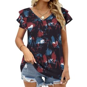 AILLOSA YH-604 Tamamı Baskılı Fırfırlı Kısa Kollu V Yakalı Kadın T-shirt