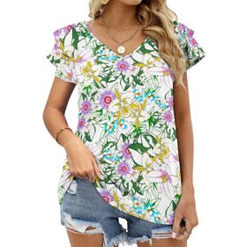 AILLOSA YH-606 Tamamı Baskılı Fırfırlı Kısa Kollu V Yakalı Kadın T-shirt