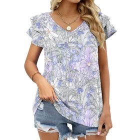 AILLOSA YH-607 Tamamı Baskılı Fırfırlı Kısa Kollu V Yakalı Kadın T-shirt