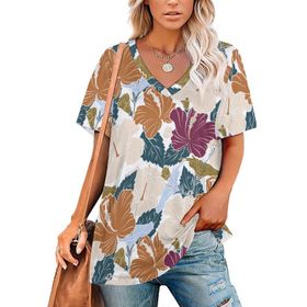 AILLOSA YH-608 Tamamı Baskılı Kısa Kollu V Yaka Kadın T-shirt