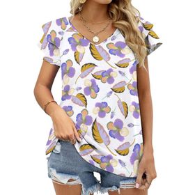 AILLOSA YH-609 Tamamı Baskılı Fırfırlı Kısa Kollu V Yakalı Kadın T-shirt